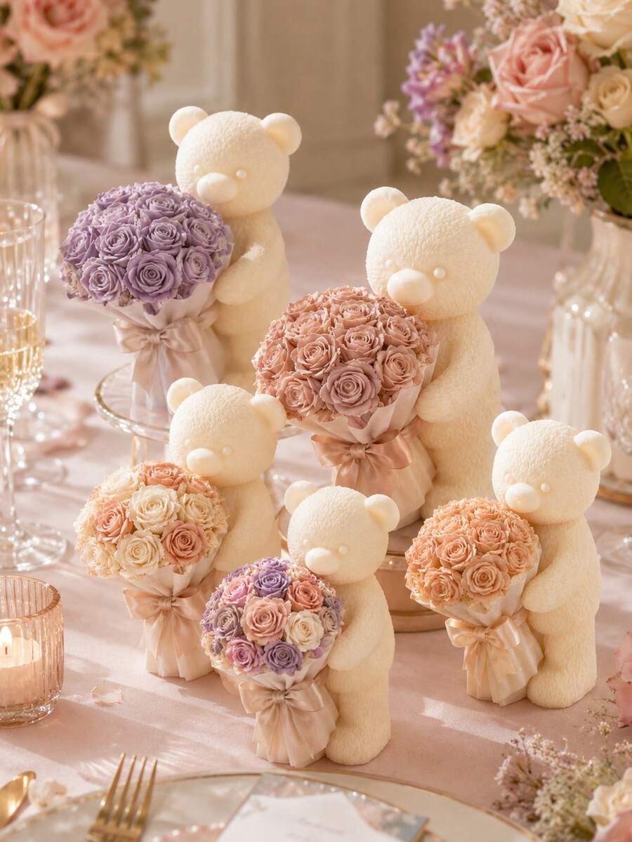 1pc Teddy Bear Holding Bouquet Candle Silicone Mold, Suitable For Valentine's Day Gift, Handmade DIY, Valentine's Day And Mother's Day Theme Home Decor, Craft, Bow Lollipop Teddy Bear Candle Silicone Mold - Bear-shaped Bouquet - Candle Mold - View 1