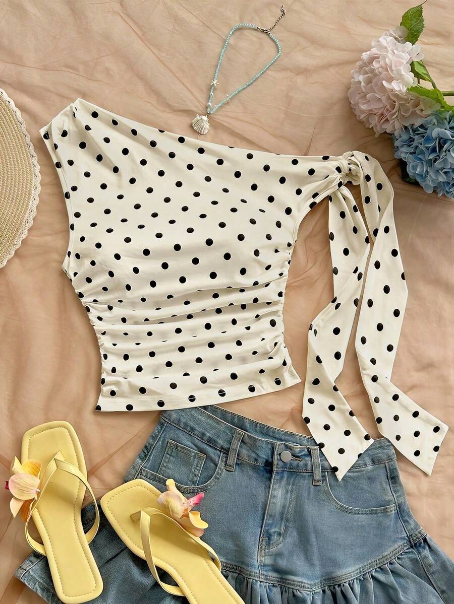 Women's Polka Dot Sleeveless Blouse With Ruching And Front Bow For KQTV - 杏色 - 查看 1