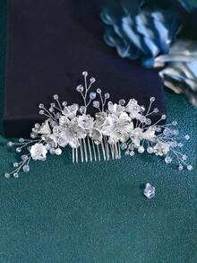 Juego de 3 piezas de peineta y horquilla para el cabello de novia, tocado para mujer con decoraciones de flores y strass, accesorios para el cabello de boda para fiestas - Plateado - Ver 6