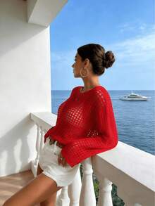 Women's Casual Solid Color Hollow Knit Round Neck Sweater, Summer Carnival Women's Styling 2026, Beach, Vacation Spring - Red - View 5