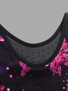 Tween Girl Casual Sports Dance Outfit, Fashion Butterfly Print Rhinestone Mesh Patchwork Round Neck Sleeveless Romper And Hair Tie 2pcs Set, Suitable For Dancing And Yoga - Black - View 8
