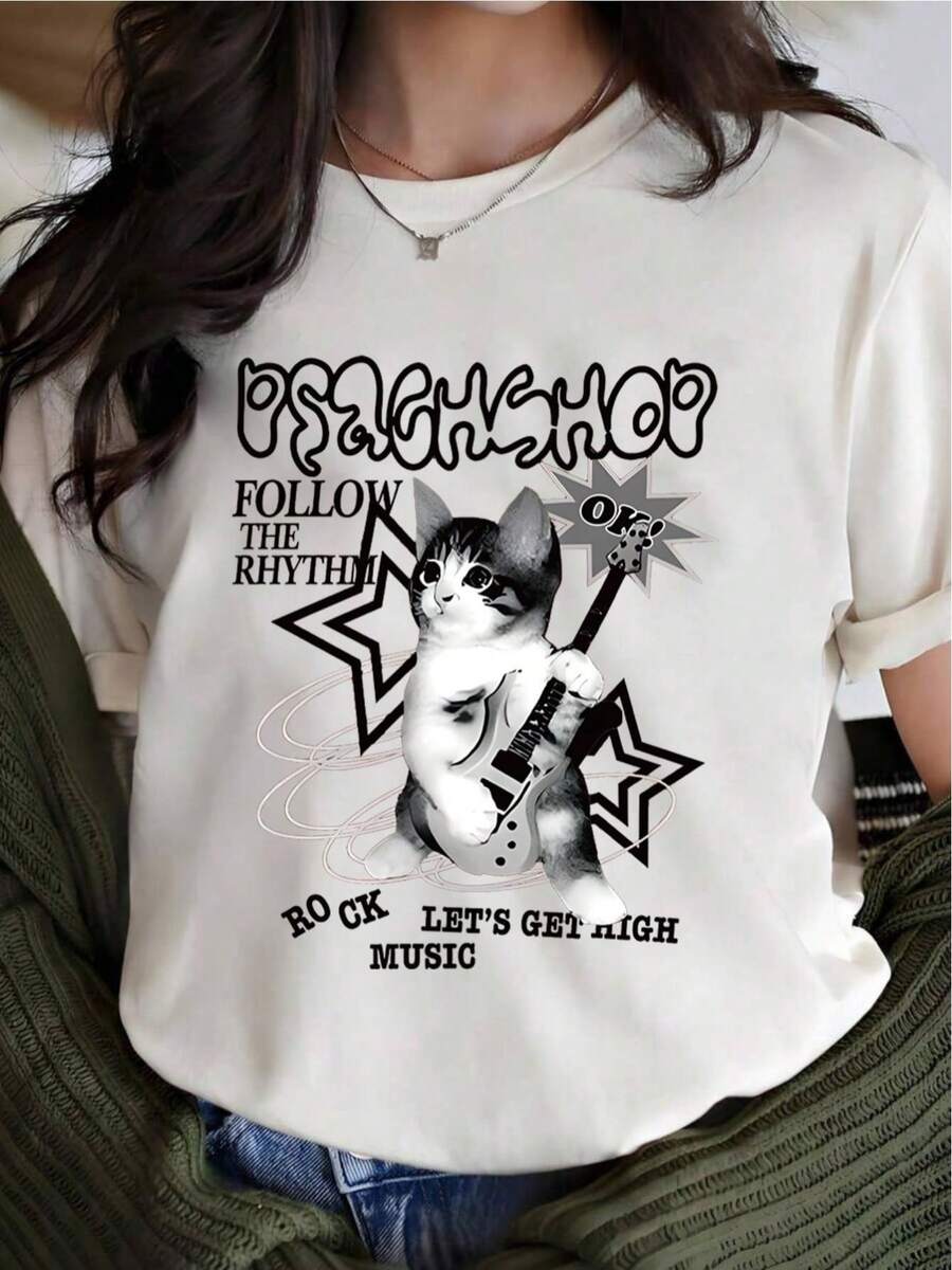 YOCASA Women's Summer T-Shirt With Round Neck And Short Sleeves, Oil Painting Print With Floral Heart And Letter Design, Casual, Simple And Sporty Style For Everyday Wear - YH296-白色 - 查看 1