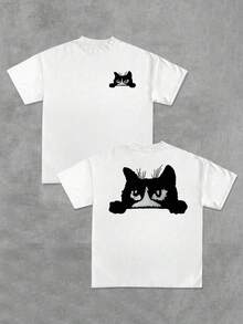 Gato curioso asomándose con expresión traviesa Camiseta doble cara para hombre casual moderna cómoda para verano - Blanco - Ver 1