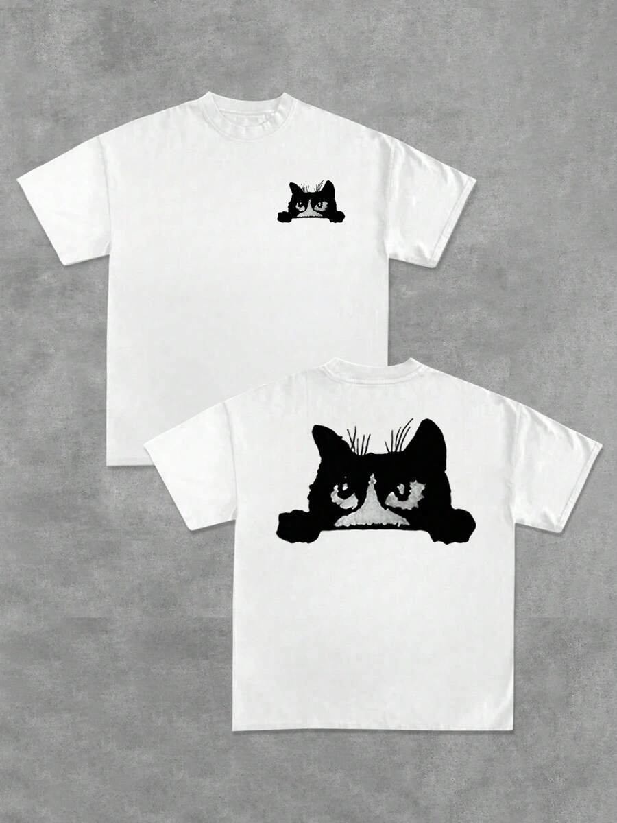 Gato curioso asomándose con expresión traviesa Camiseta doble cara para hombre casual moderna cómoda para verano - Blanco - Ver 1