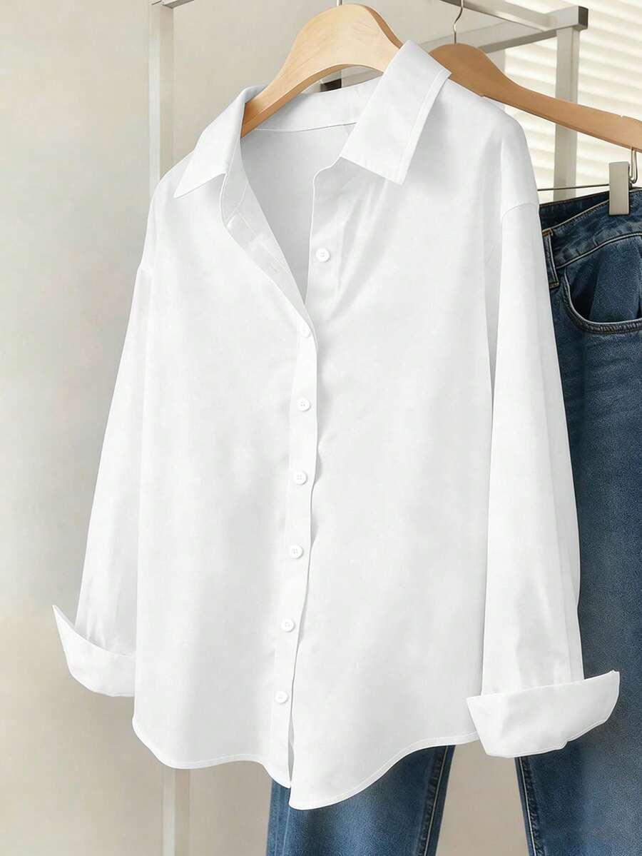 Simple, Solid-Color Women's Everyday Button-Down Shirt - Apricot - View 1