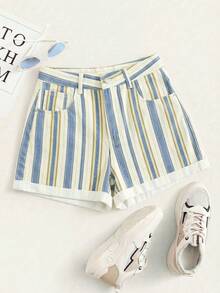 Summer Rolled-Up High-Waisted Denim Shorts - Brown - View 1