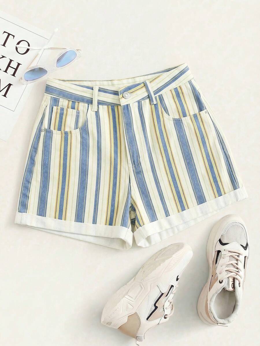 Summer Rolled-Up High-Waisted Denim Shorts - Brown - View 1