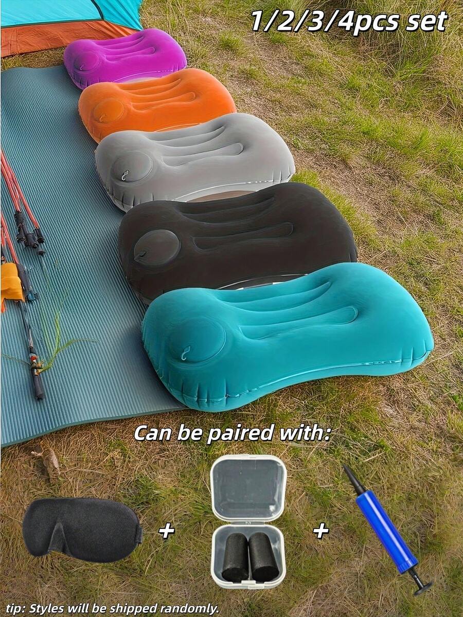 1/2/3/4pcs Set, Unisex Multi-Color Options, Press-To-Inflate, Waterproof & Comfortable, Portable Camping Pillow, Neck Support, Machine Washable, Hiking & Outdoor Gear, Camping & Travel Inflatable Pillow, Lightweight & Foldable, Comes With Eye Mask & Earplugs Set, Summer Holiday Essential
