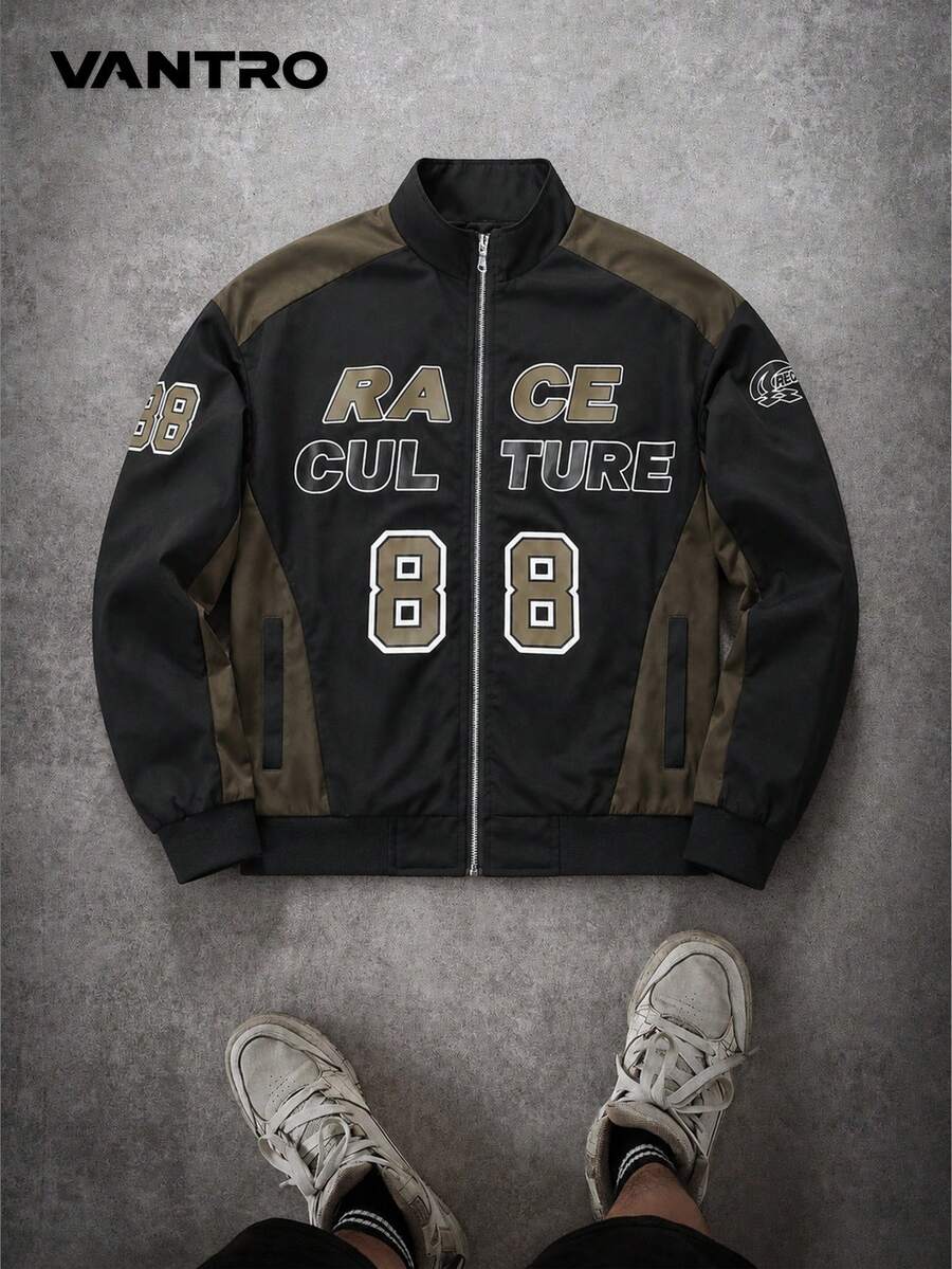 Men's Black & Brown Colorblock Racing Style Stand Collar Jacket, Number & Letter Zipper Loose Streetwear Outerwear, Versatile Casual Jacket - Black - View 1