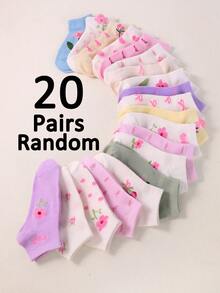 20 Pairs Girls Pink Floral Short Socks, Sweet Casual Style, Suitable For Daily School Wear, Super Great Socks, Girls Back To School, Clean Girl Aesthetic - Multicolor - View 10