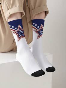 1 Pair 360° Printed Independence Day Theme Mid-Calf Socks, Red & Blue Star Pattern, Unisex - Multicolor - View 1