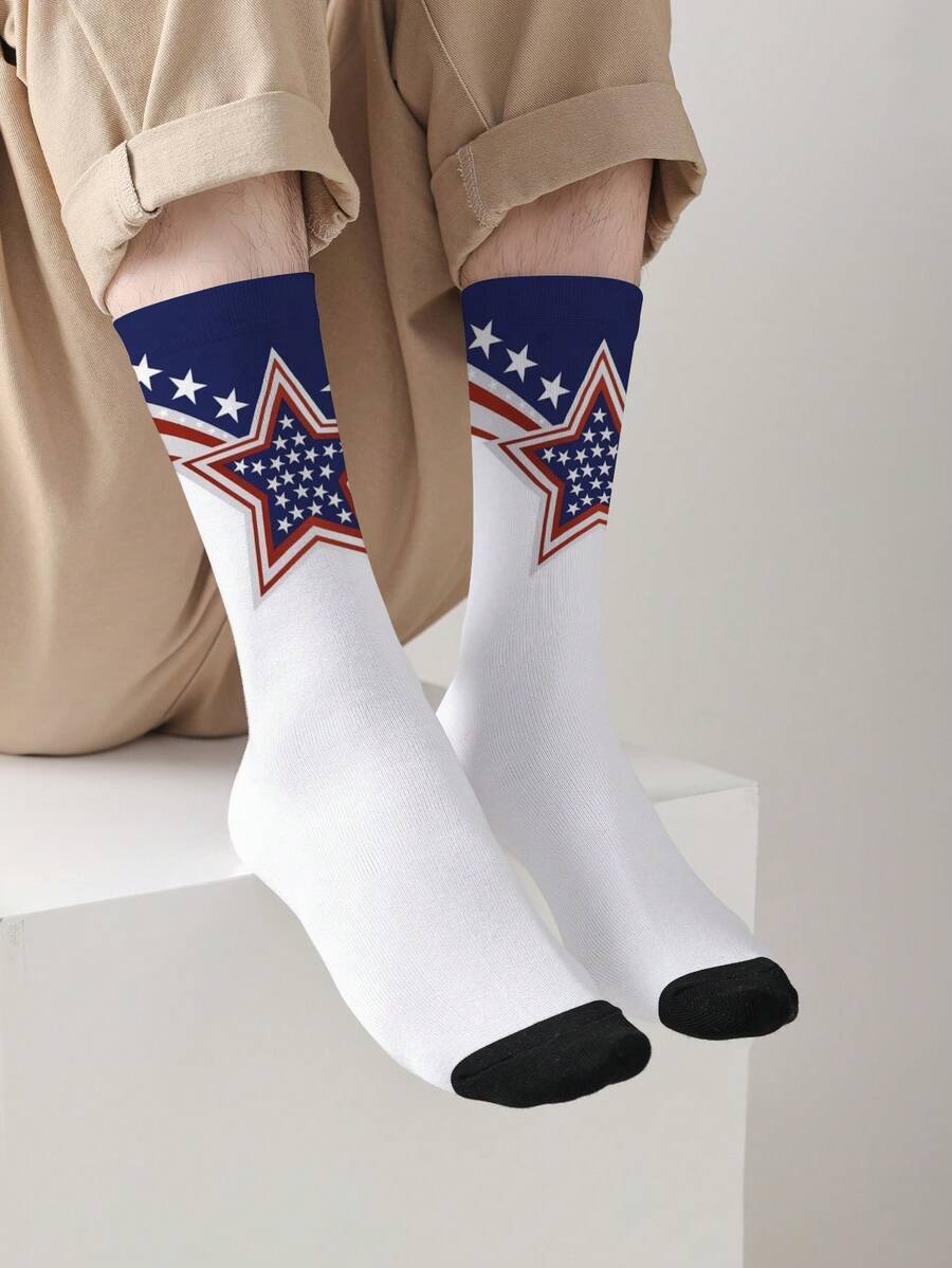1 Pair 360° Printed Independence Day Theme Mid-Calf Socks, Red & Blue Star Pattern, Unisex - Multicolor - View 1