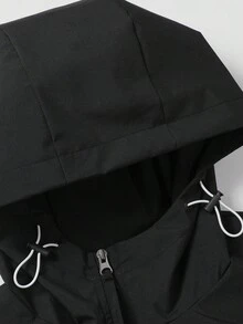 معطف ترنش رجالي أسود نقي مع حافة بيضاء منحنية، غطاء رأس قابل للتعديل برباط، جيوب بسحاب، جاكيت ملابس شارع وظيفي بقصة فضفاضة - الأسود - مشاهدة 3