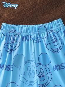 Conjunto de camiseta de manga corta con estampado de cabeza grande de Mickey Mouse y shorts con estampado de garabatos de Mickey de Disney para niños, patrón de dibujos animados, ligero estiramiento, adecuado para uso diario de niños pequeños en vacaciones de verano - Azul - Ver 6