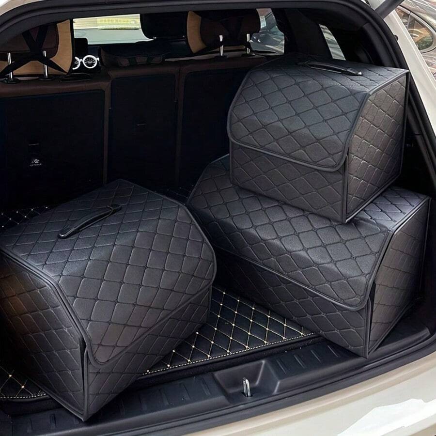1件裝汽車後車廂收納箱 大容量多功能工具收納袋 PU皮革可折疊整理盒 適用緊急儲物