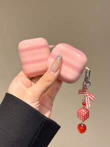 Cute Pink Striped For AirPods Case With Checkered Dice Cherry Pendant, Glossy Soft TPU Protective Cover For AirPods 1 2 3 4 Pro Pro2, Kawaii Girl Earphone Shell Anti-Drop Wireless Charging Earbuds Case With Keychain - Multicolor - View 2