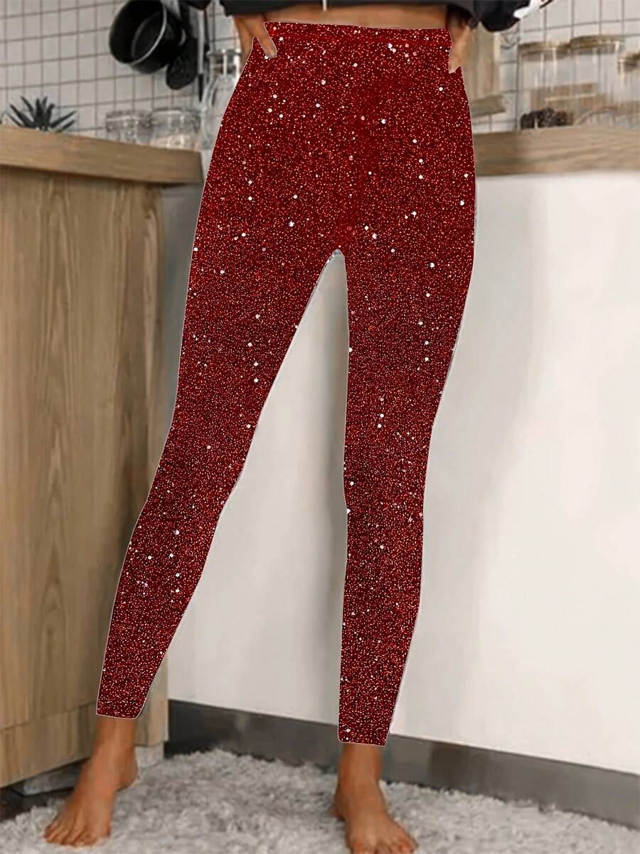 Stylish And Modern Stretch Pants With Intricate Sequins For Casual Outdoor Wear - Red - View 1
