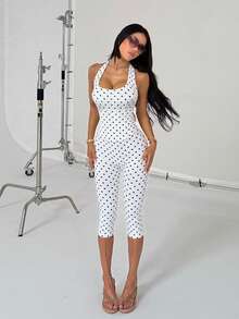 Sommer Polka Dot Anzug, Damen Einfach und Elegant Neckholder Top, Dreiviertel Hose Anzug, Geeignet für Sport, Fitness, Büro und Pendeln - Weiss - Übersicht 4