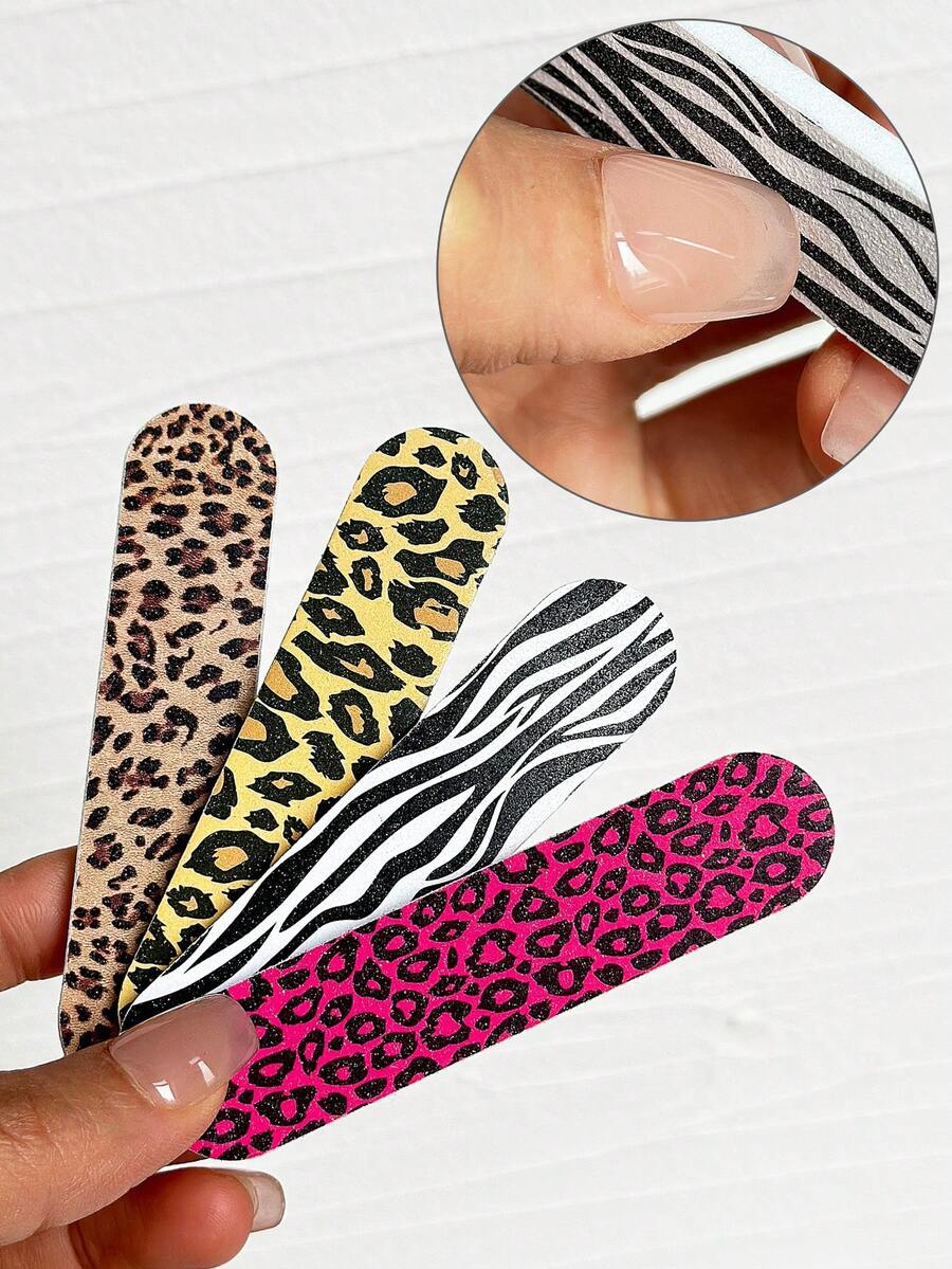 4PCS Multi-Color Leopard Print Nail Files, 3 Random Mixed Styles, Nail Polishing Strips, Sponge Buffing Strips, Hand And Foot Care Nail Files - Multicolor - View 1