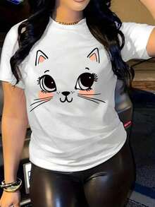 Playera de manga corta mujer Nueva camiseta de cuello redondo para mujer, manga corta, holgada, casual y versátil con‌ estampado de gatos a‌ , tejido suave y de buena caída100% Cotto - Blanco - Ver 1