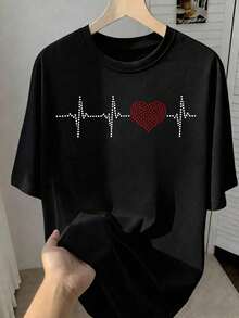 Playera Negra de Mujer con Gráfico de Corazón de Leopardo y Latido de Corazón, Camiseta de Estilo Aesthetic con Línea de Electrocardiograma Manga Corta, Blusa Casual de Moda Urbana - Negro 1 - Ver 1