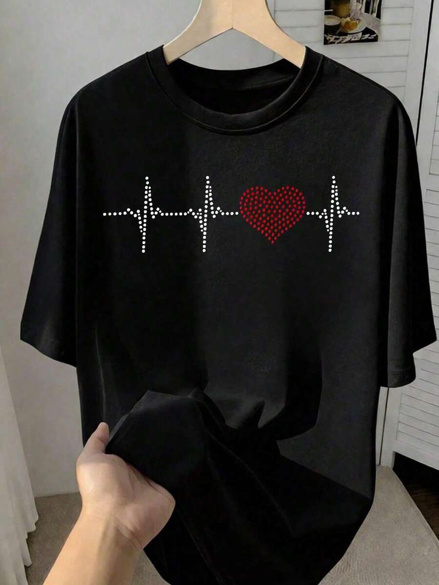 Playera Negra de Mujer con Gráfico de Corazón de Leopardo y Latido de Corazón, Camiseta de Estilo Aesthetic con Línea de Electrocardiograma Manga Corta, Blusa Casual de Moda Urbana - Negro 1 - Ver 1