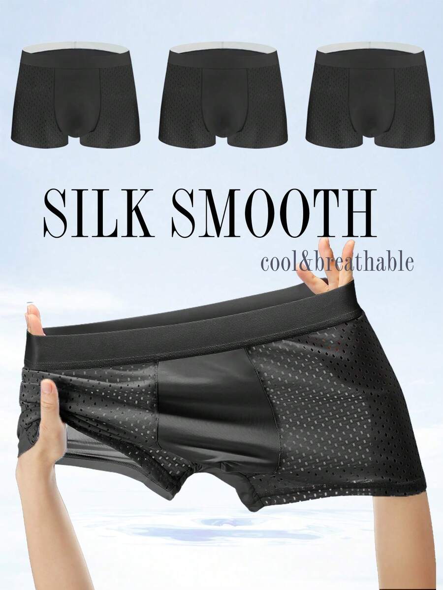 3pcs Men's Ice Silk Breathable Solid Color Boxer Briefs - Black - View 1