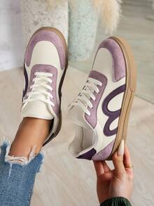 1 Pair Women's Multi-Function Spring/Autumn New Fashion Casual Shoes Flat Lace-Up Round Toe Rubber Sole Skate Shoes Black White Brown Leopard Khaki Colorblock Daily Wear Shoes Casual Shoes Size 36-42 Fashion Training Shoes All Season Wear - Purple - View 6