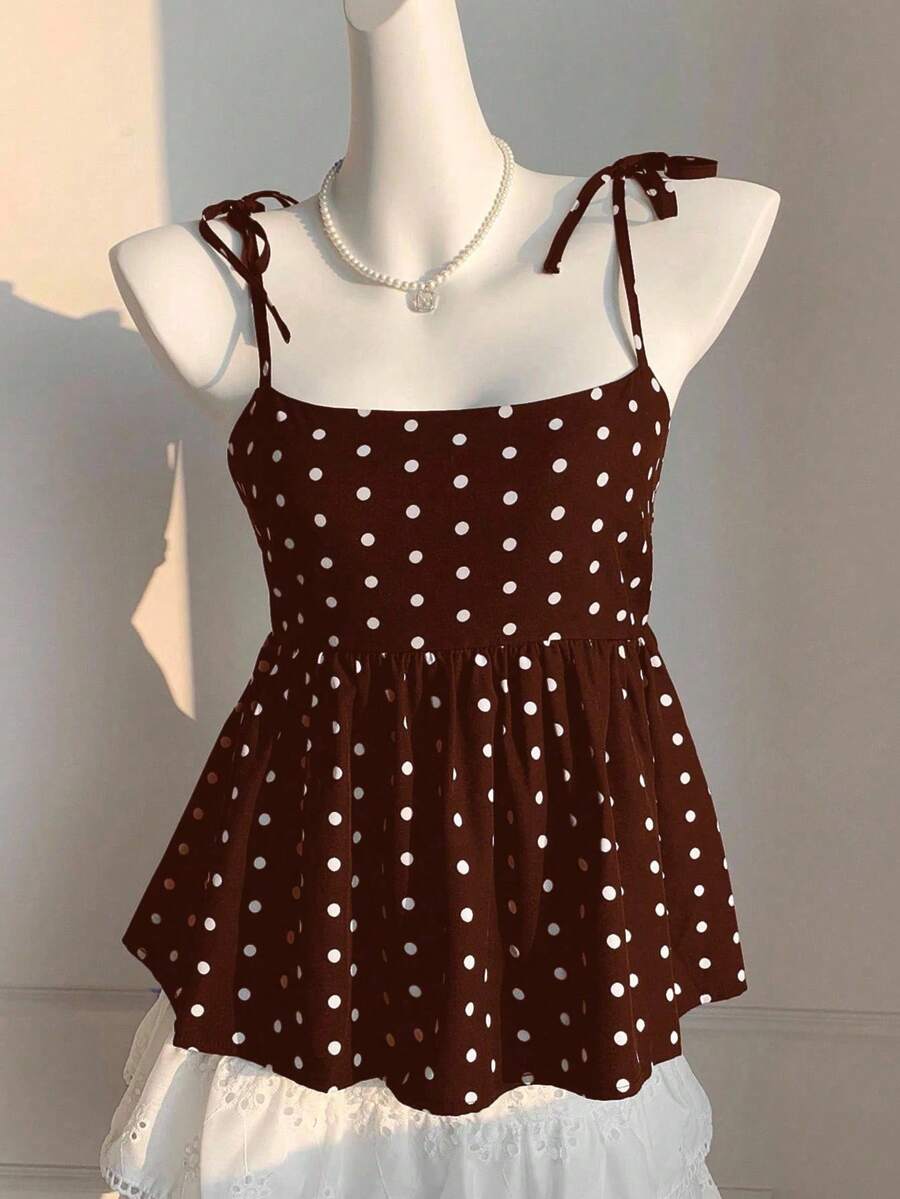 Women's Tank Top With Knitted Polka Dots In White - 棕色 - 查看 1