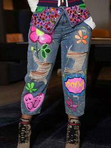Nuevos artículos calientes Pantalones vaqueros con rasgados, desgastados y destruidos, con estampado de piedras preciosas de colores para mujer, para fiestas y clubes - Azul - Ver 11