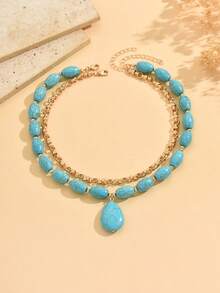 2 Stücke Premium Gold handgefertigte Kette im Boho-Stil für Frauen, ovale blaue Türkis-Perlen-Halskette mit Anhänger, geeignet für den täglichen Gebrauch, Ausflüge, Dates und Fotografie - Verschiedenfarbig - Übersicht 3