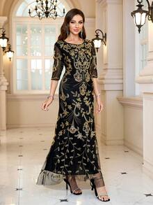 JINLICX Luxury Elegant Beaded Embellished Formal Dinner Gown - Black - View 5