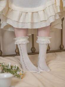 1 Par de Meias de Cano Médio com Babado, Renda e Padrão de Coração Vazado, Meias de Tornozelo Lolita Vintage com Punho Babado na Cor Branco Creme, Adequadas para Sapatos Mary Jane - Damasco - Visão 2