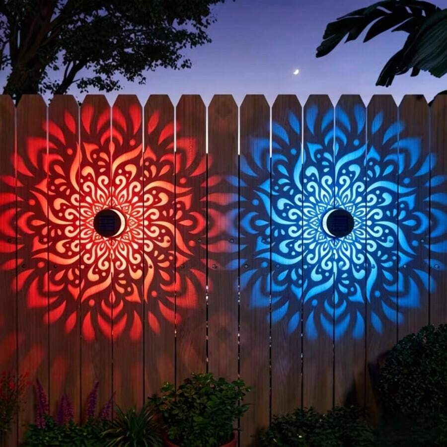 Lámparas de pared para exteriores, Lámpara de pared LED solar, Luz de proyección con patrón hueco para decoración de jardín exterior, valla y patio - Lámpara de pared Mandala - Ver 1