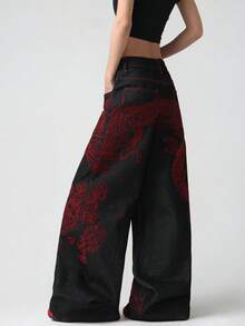 1pc Women's Retro American Street Style Red Embroidered Black Loose Wide-Leg Jeans, Versatile Denim Pants (Belt/Accessories Not Included) Casual Fall - Black - View 7