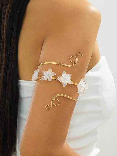1 pieza Brazalete ajustable de mujer con forma de flor de plumeria blanca transparente, romántico, suave y elegante para vacaciones de verano