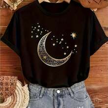 Patrón de luna creciente y estrellas, negro - Estilo casual simple, camiseta gráfica comndo comndo puro - Suave y cómoda, cuello redondo, manga ccomnd - Negro - Ver 1