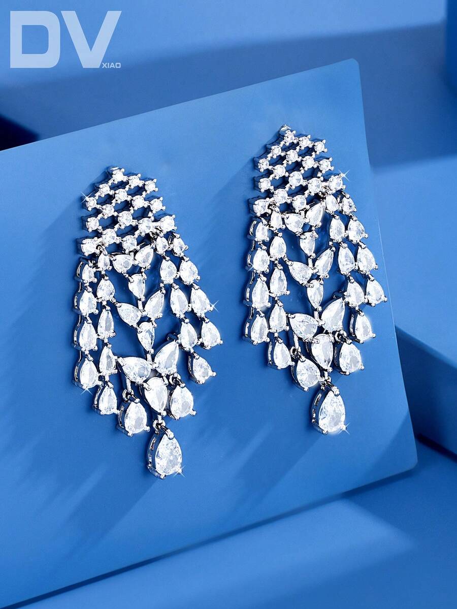 DV JEWELRY 1對人造立方鋯石白金鍍層奢華吊墜耳環,優雅女性珠寶,適合約會、婚禮、派對、週年紀念,附禮盒 - 銀色 - 查看 1