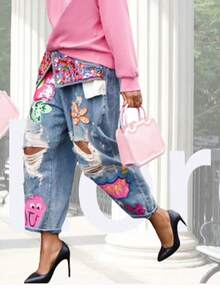 Nuevos artículos calientes Pantalones vaqueros con rasgados, desgastados y destruidos, con estampado de piedras preciosas de colores para mujer, para fiestas y clubes - Azul - Ver 4