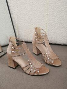 Women's Rose Gold Glitter Multi-Strap Hollow-Out Open Toe Chunky Heel Sandals, Back Zipper Elegant Party Evening High Heels - Rose Gold - View 6