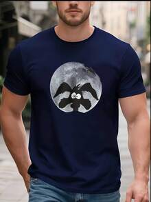 Men's Wrinkle-Resistant And Breathable T-Shirt With Simple Print | Crew Neck, Short Sleeves | Summer - Navy Blue - View 3