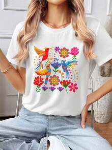 New Women's Summer Casual T-Shirt With Retro Floral Print From Mexico - Comfortable And Slightly Stretchy, Perfect For Outdoor Activities In Summer. | Casual Streetwear | - 白色 2 - 查看 1