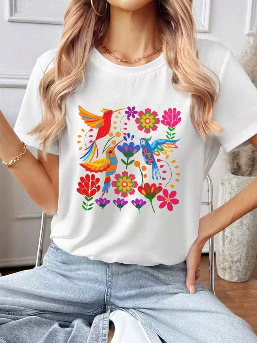 New Women's Summer Casual T-Shirt With Retro Floral Print From Mexico - Comfortable And Slightly Stretchy, Perfect For Outdoor Activities In Summer. | Casual Streetwear | - 白色 2 - 查看 1
