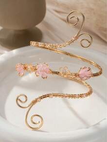1 pièce Bracelet de bras supérieur ajustable ouvert en or, anneau de bras en spirale florale avec fleur rose et incrustation de cristal - Taille Unique - Voir 3
