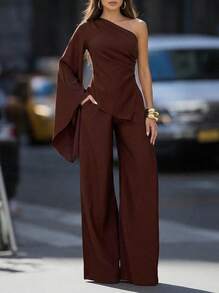 Elegaris Women's Elegant Red-Brown Asymmetric Shoulder Ruched Sleeve Top And Wide Leg Pants 2-Piece Set, Fashionable And Casual - Brown - View 1