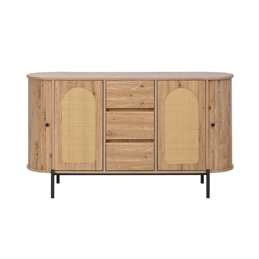 Oval Sideboard With Rattan, Sliding Doors, Drawers, Adjustable Shelves, Wood Effect, Metal Legs, - Natural - 查看 1