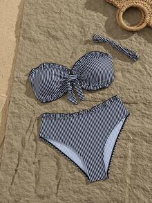 Women's Striped Print Flat Chest Bikini Two Pieces Set, Suitable For Summer Island Vacation Outfits Beach - Multicolor - View 4