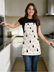 1pc Cream Base Black Hand-Drawn Random Sized Dog Paw Print Mountain Pine Tree Cloud Print Apron Outdoor Nature Style Halter Neck Sleeveless Black Trim Design Unisex Home Anti-Stain Protective Apron Suitable For Kitchen Cooking Baking Grilling Housework Cleaning And More - Multicolor 1 - View 3