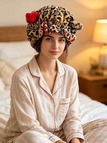 1pc Luxury Leopard Print Pink Teddy Fleece Sleep Cap, Adjustable Satin Lining Anti-Frizz Hat, Comfortable Stretch, Suitable For Natural Curly Hair - Multicolor - View 1
