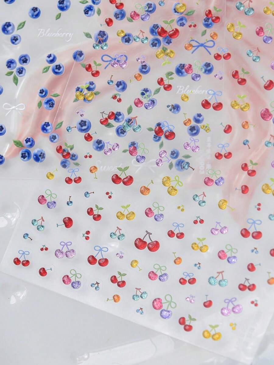1 Sheet 5D Jelly Glitter Cherry Nail Stickers, Multicolor Mini Cherry & Fruit Design, Self-Adhesive Waterproof Nail Art Decals For DIY Manicure - Multicolor - View 1